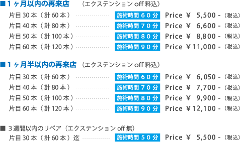 リターン価格　1か月以内の再来店：通常価格の￥1,000-お値引き～、1か月半以内の再来店：通常か確認の￥500-お値引～